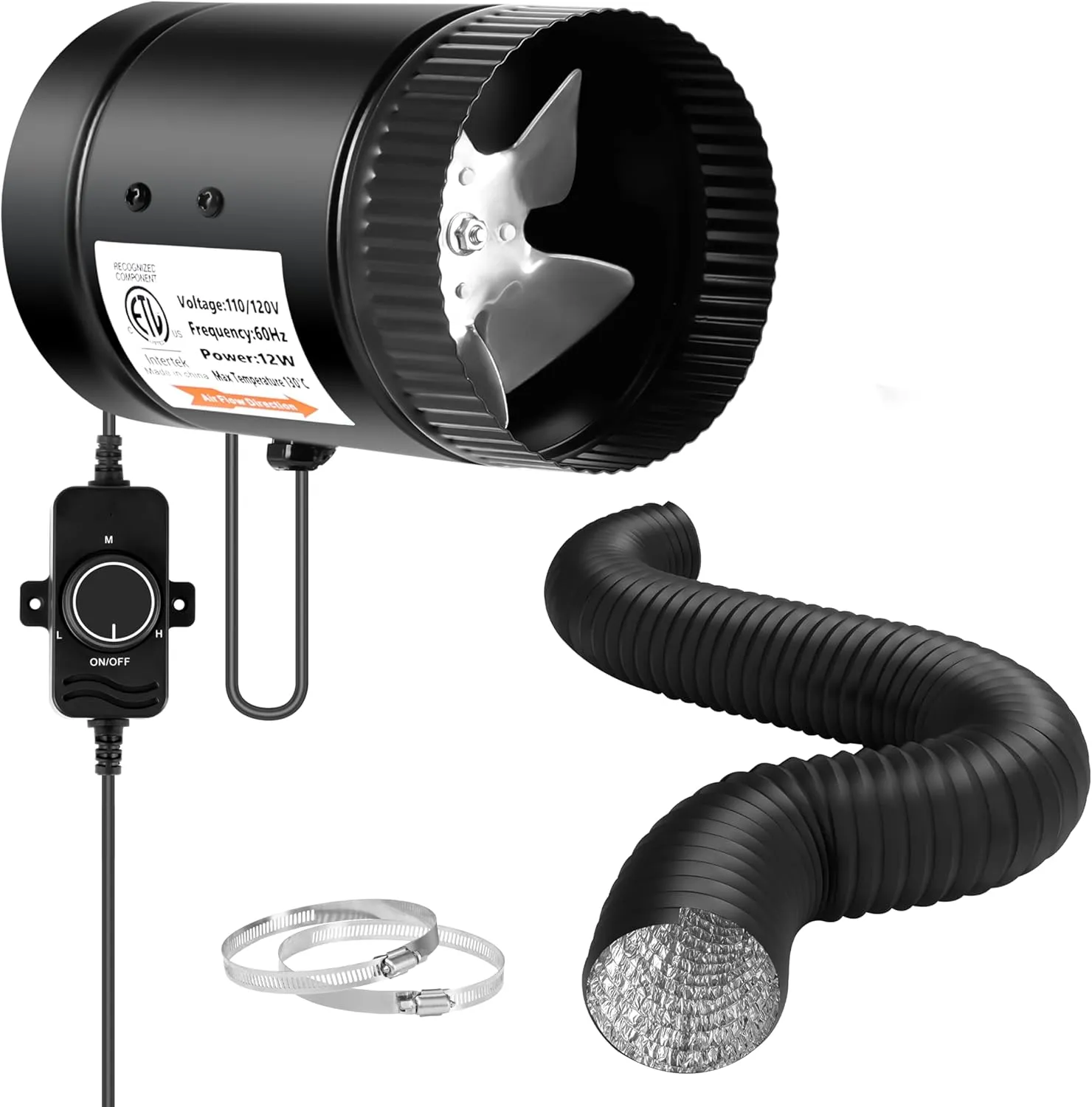 iPower 4'' Inline Booster Duct Fan with Speed Controller and Flexible Aluminum Ducting 8 Feet for HVAC Exhaust Ventilation, Bathroom, Attic, Basement and Kitchen, Low Noise