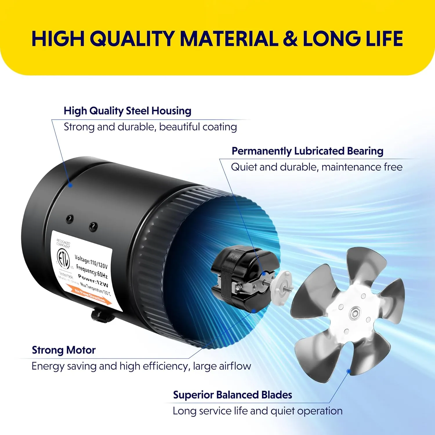 iPower 4'' Inline Booster Duct Fan with Speed Controller and Flexible Aluminum Ducting 8 Feet for HVAC Exhaust Ventilation, Bathroom, Attic, Basement and Kitchen, Low Noise