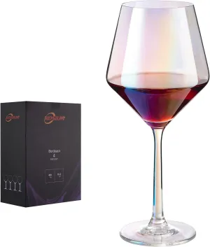 Iridescent Wine Glasses, colorful, Lead-Free Crystal, white and red, Hand Blown, Thin Rim, Lipless, Long Stem, 15-Ounces, Set of 4