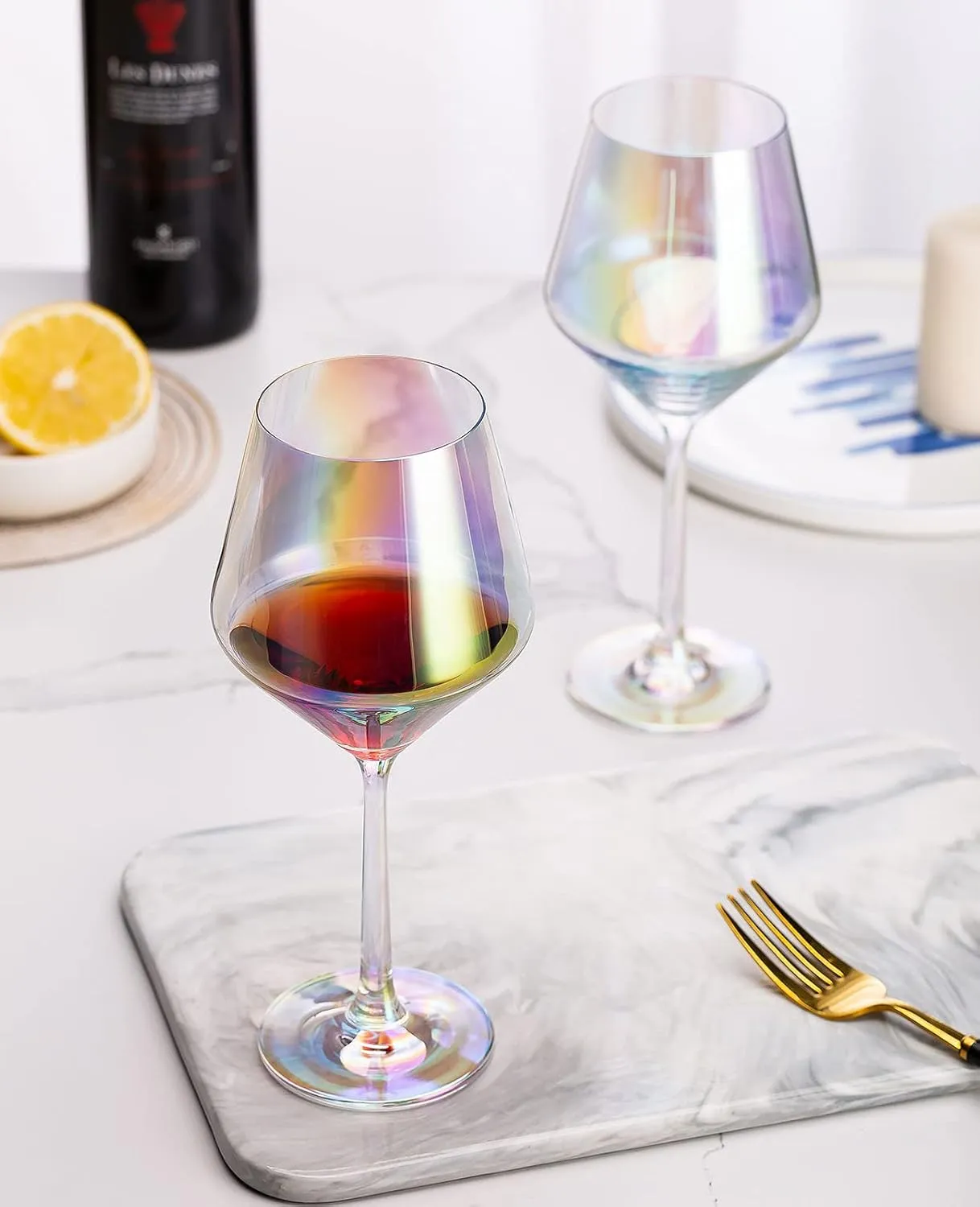 Iridescent Wine Glasses, colorful, Lead-Free Crystal, white and red, Hand Blown, Thin Rim, Lipless, Long Stem, 15-Ounces, Set of 4
