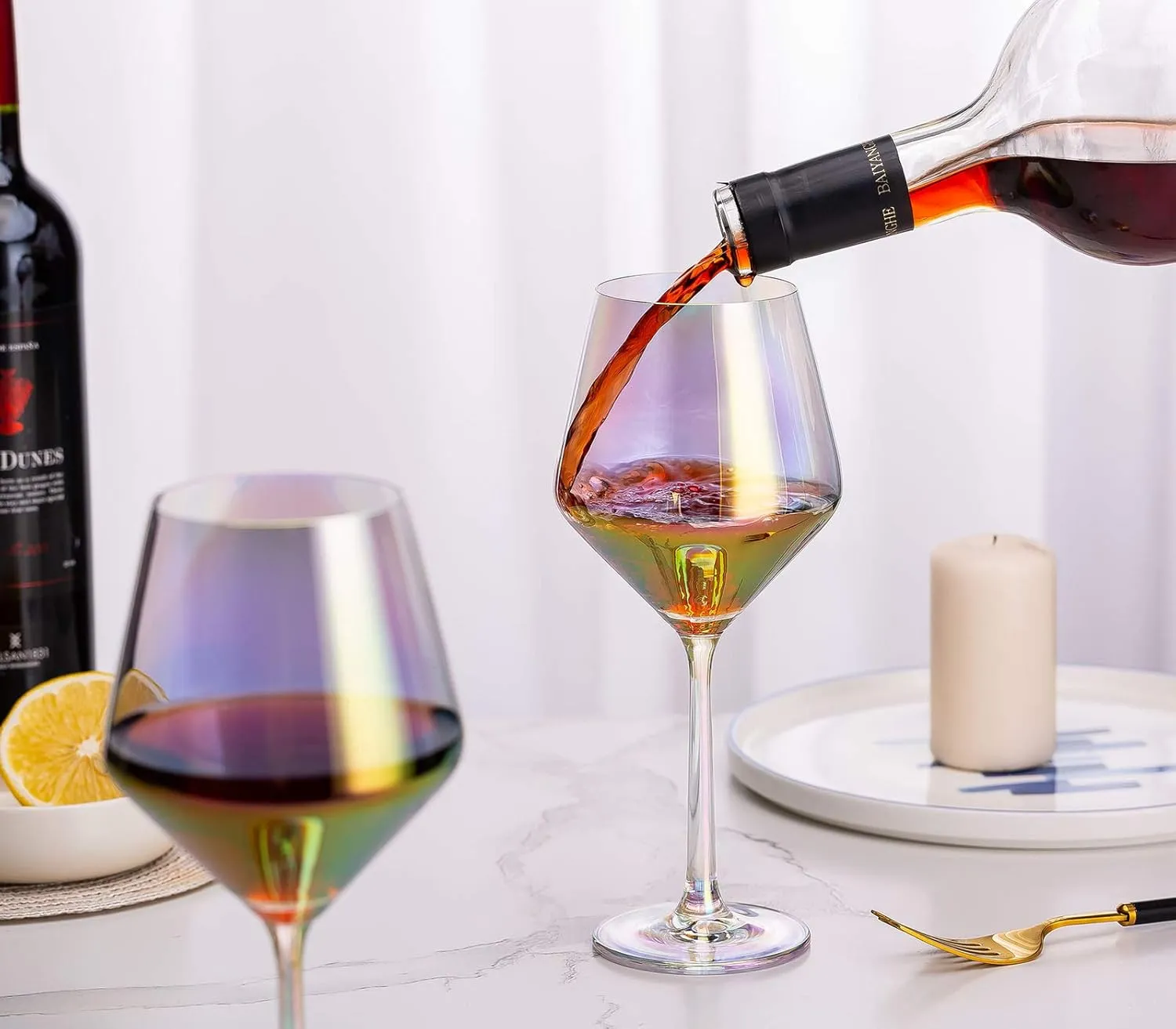 Iridescent Wine Glasses, colorful, Lead-Free Crystal, white and red, Hand Blown, Thin Rim, Lipless, Long Stem, 15-Ounces, Set of 4