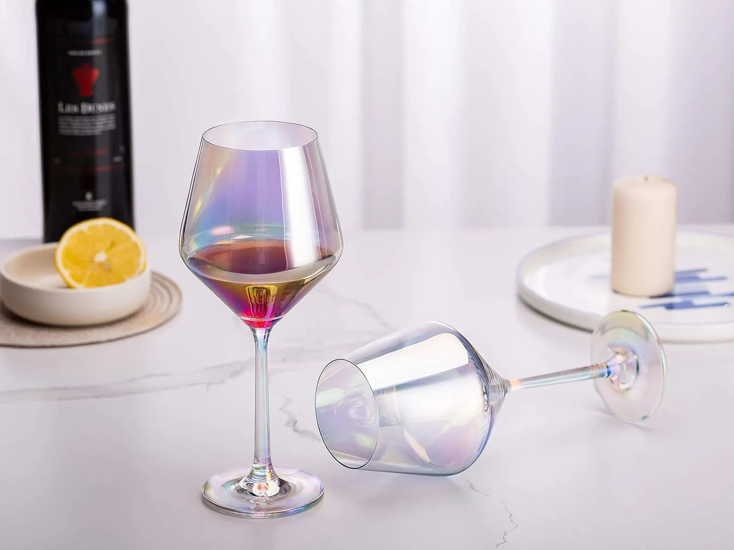 Iridescent Wine Glasses, colorful, Lead-Free Crystal, white and red, Hand Blown, Thin Rim, Lipless, Long Stem, 15-Ounces, Set of 4
