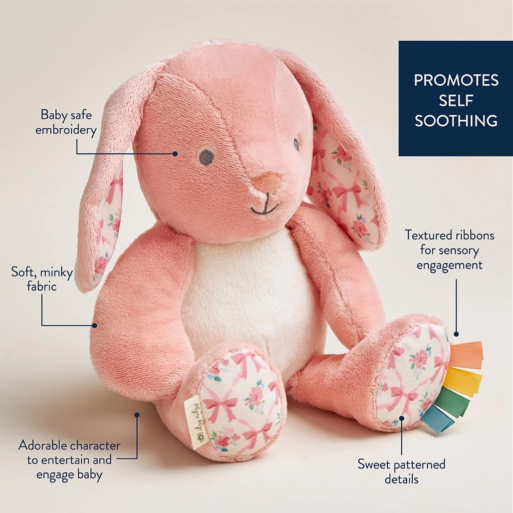 Itzy Ritzy Baby Plush Toy – Soft Stuffed Animal for Babies & Kids – Sensory Ribbons & Textured Fabrics for Tactile Play – Cozy & Cuddly Companion for Newborns & Up (Pink Bunny)