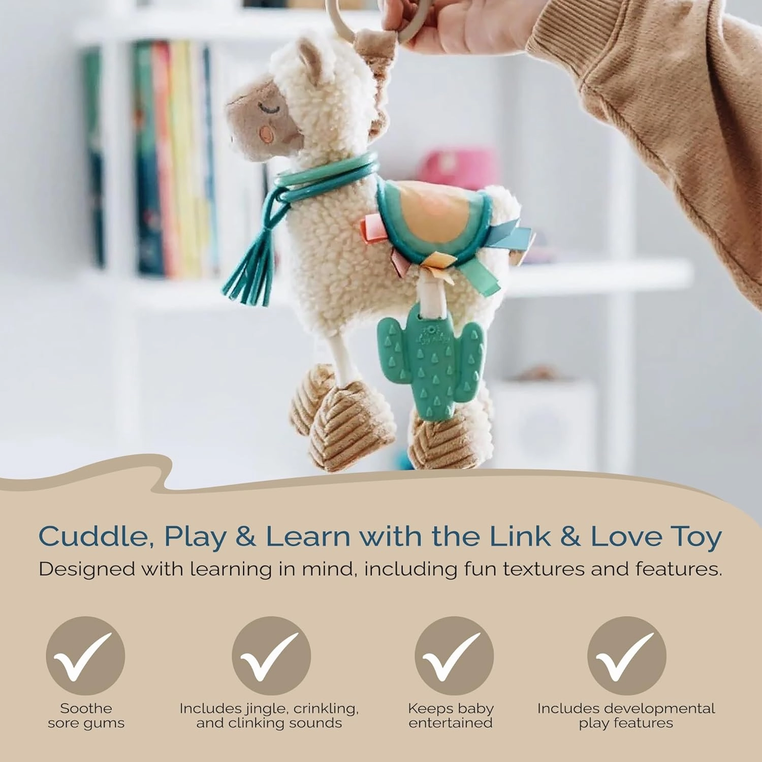 Itzy Ritzy Link & Love Toy for Stroller or Car Seat; Features Textured Ribbons, Crinkle Sounds, Clinking Rings & Silicone Teether; Designed For Ages 0 Months and Up (Llama)
