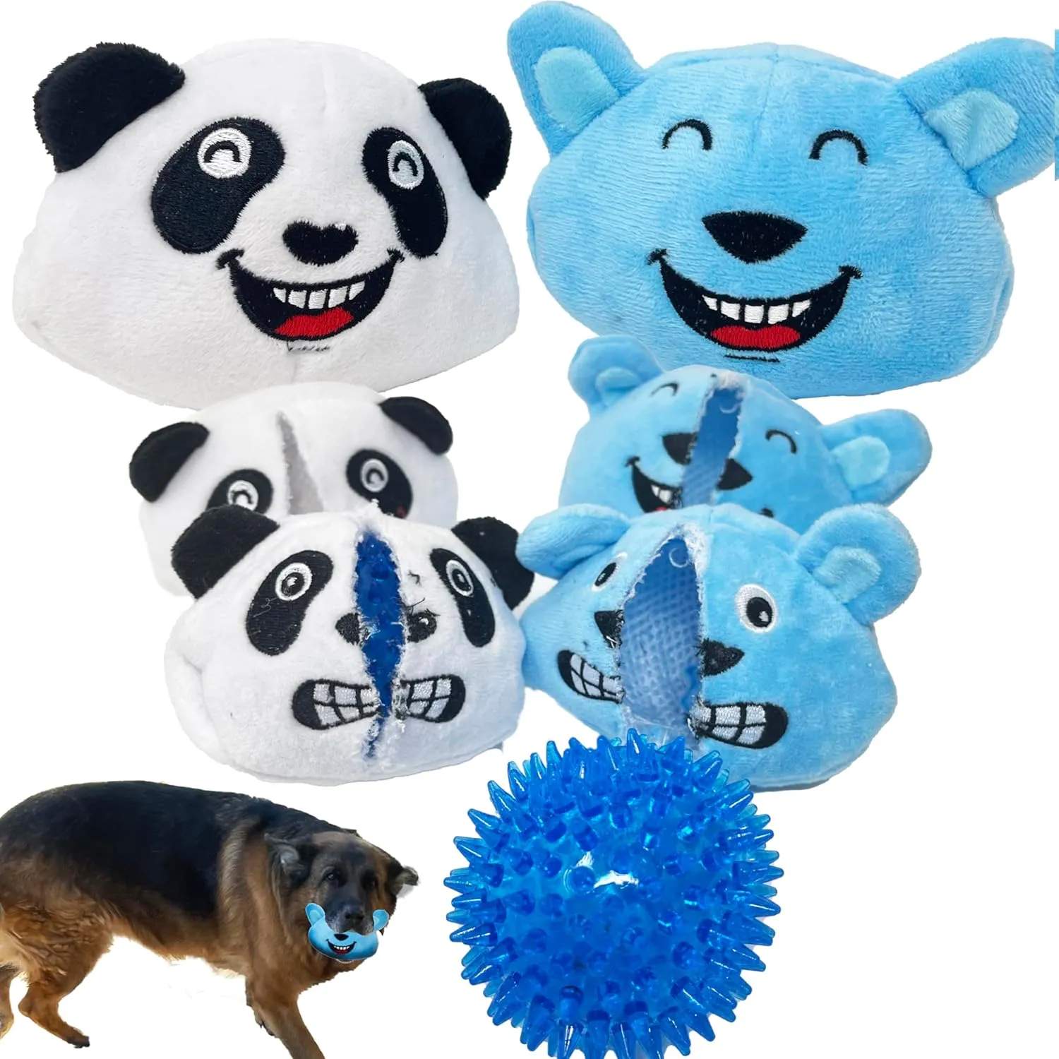 Jalousie 3 in 1 Dog Squeaky Toy, Three Dog Toys in One for Aggressive Chewers - Interactive Chew Toy for Medium Dogs, Large Breeds and Small Breeds - Squeaky Spiky TPR Ball Inside (Panda N' Rabbit)