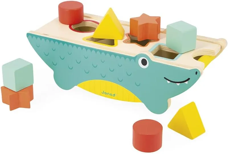 Janod - Tropik Shape-Sorting Crocodile - Wooden Early-Learning Toy - Educational Toy: Shapes and Colors - 8 Slot-in Shapes - Water-Based Paint - 1 Year   J08267