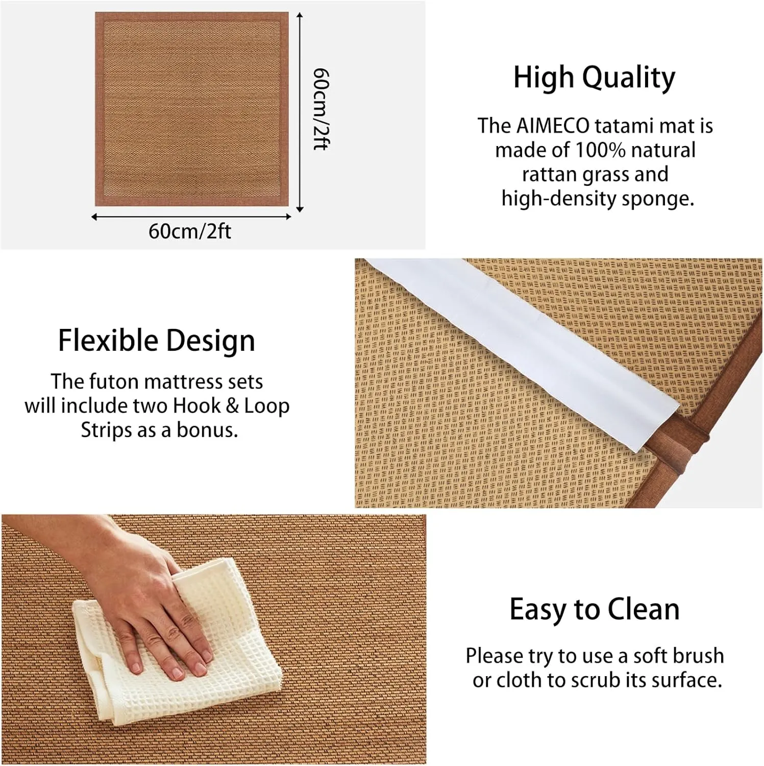 Japanese Tatami Mat, 3PCS 2x2 Ft Natural Rattan Futon Floor Mattress Area Rugs for Sleeping Meditation Yoga, Brown