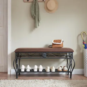 JCSD Maximize Space with Upholstered Entryway Bench, Comfortable Seating and Open Shoe Rack, Industrial Rustic Design, Antique Brown