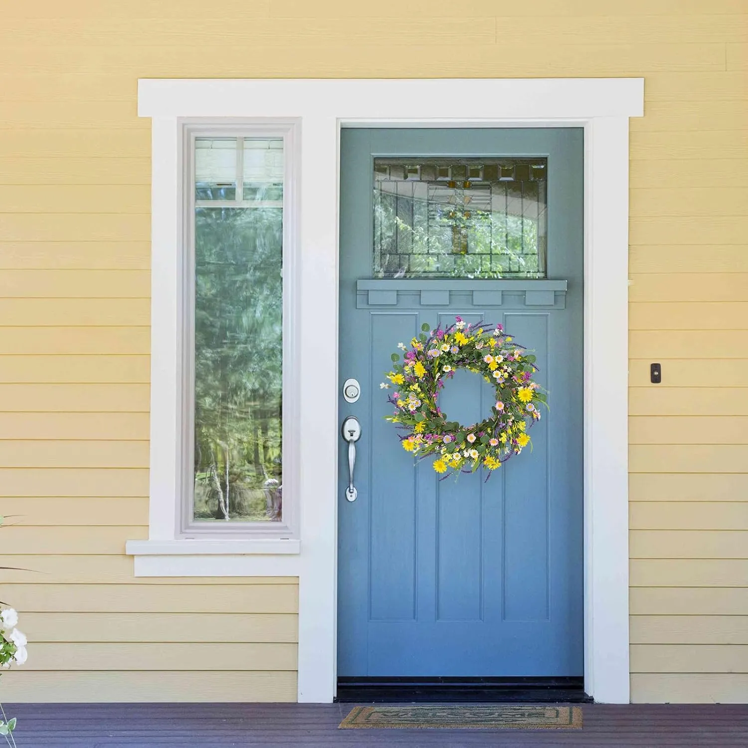 J'FLORU Spring Wreaths for Front Door 22 Inch Artificial Summer Wreath Daisy and Lavender Wreath with Wildflowers for Home Wall Farmhouse Springtime Easter Holiday Party