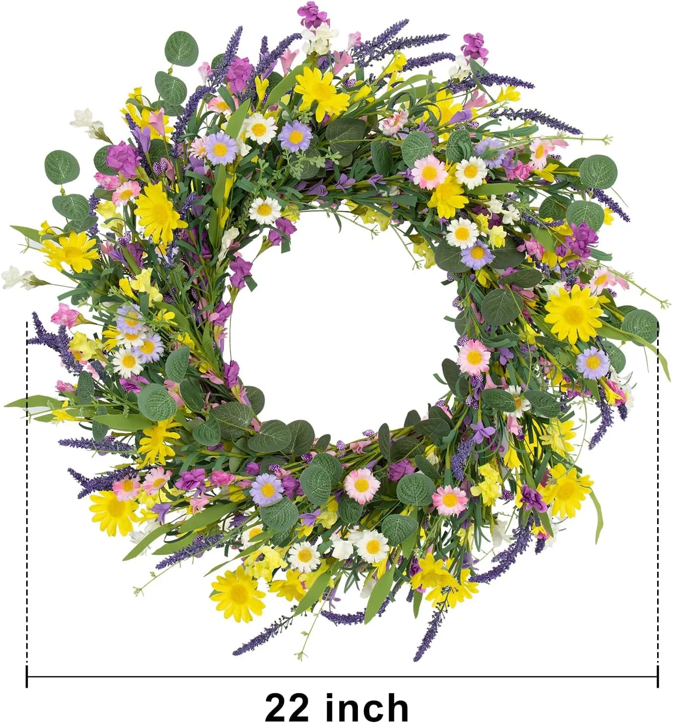 J'FLORU Spring Wreaths for Front Door 22 Inch Artificial Summer Wreath Daisy and Lavender Wreath with Wildflowers for Home Wall Farmhouse Springtime Easter Holiday Party