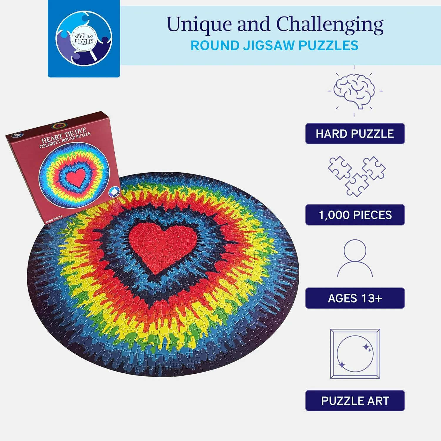 Jigsaw Puzzles for Adults 1000 Pieces Hard Puzzles for Adults and Kids - Unique Toy Round Colorful Rainbow Adult Puzzles - Difficult Near Impossible Puzzle Retro Tie Dye Heart by Spyglass Puzzles