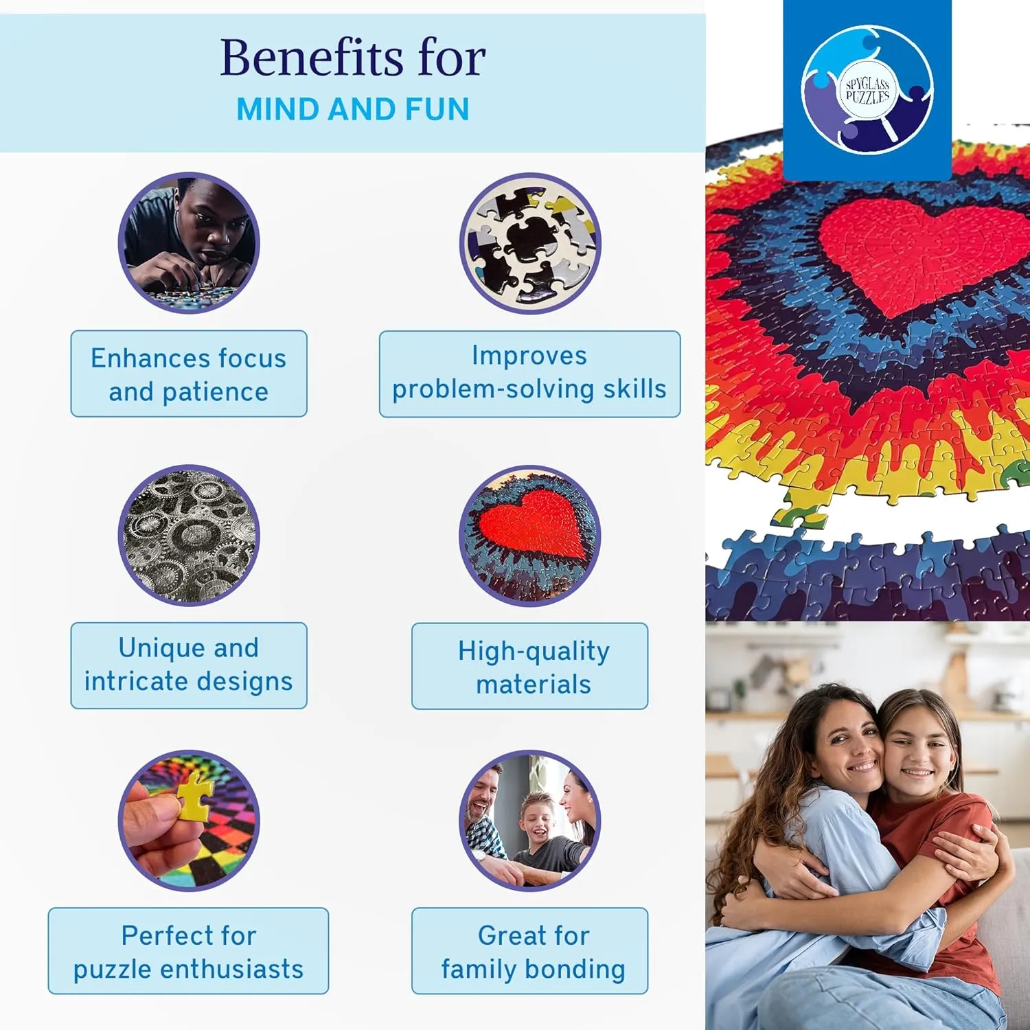 Jigsaw Puzzles for Adults 1000 Pieces Hard Puzzles for Adults and Kids - Unique Toy Round Colorful Rainbow Adult Puzzles - Difficult Near Impossible Puzzle Retro Tie Dye Heart by Spyglass Puzzles