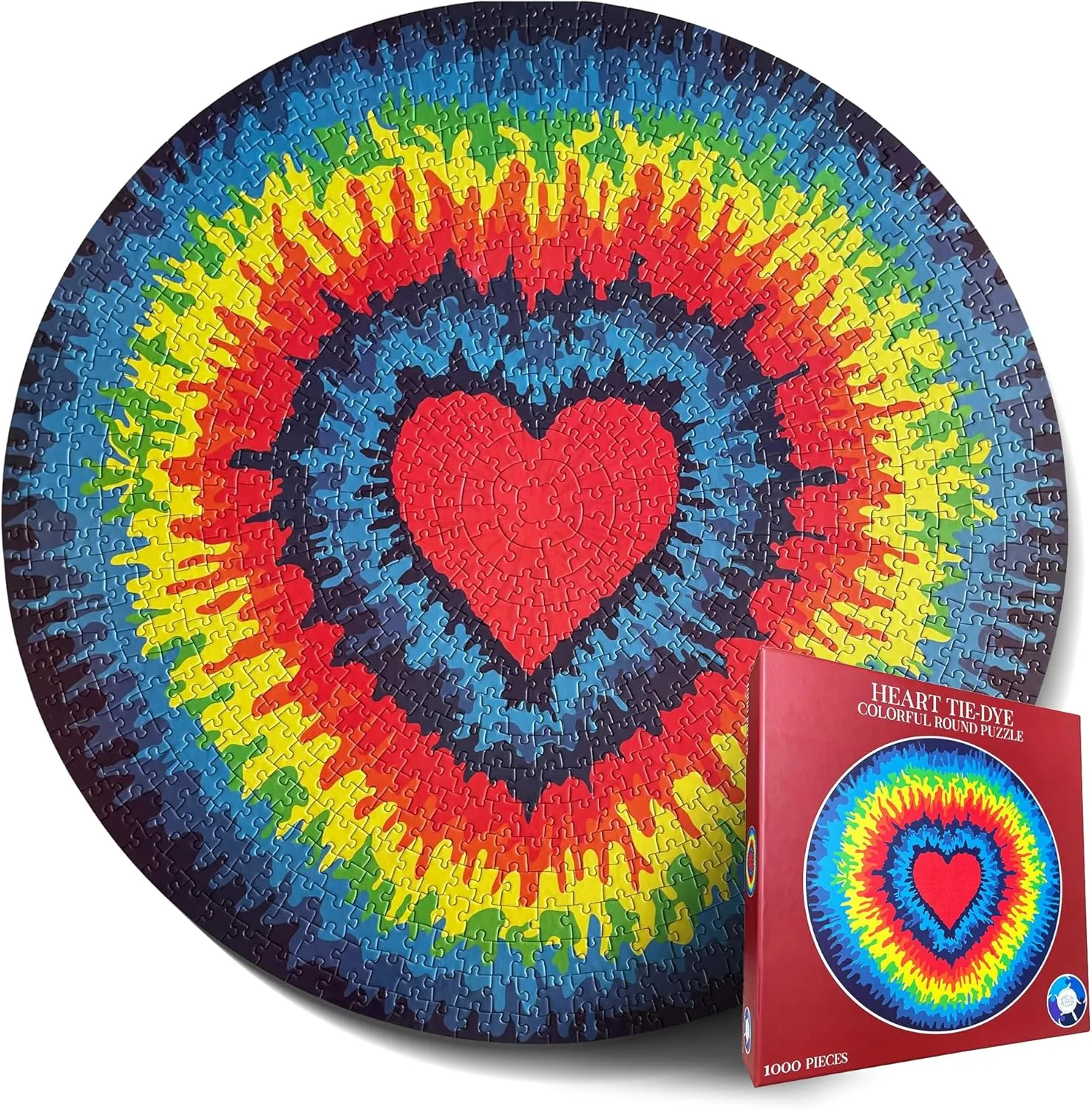 Jigsaw Puzzles for Adults 1000 Pieces Hard Puzzles for Adults and Kids - Unique Toy Round Colorful Rainbow Adult Puzzles - Difficult Near Impossible Puzzle Retro Tie Dye Heart by Spyglass Puzzles