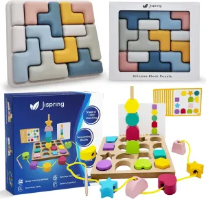 Jispring Dementia Shape Puzzles, Silicone and Wooden Shape Sorters, Sequencing and Lacing Beads, Toys for Alzheimers, Anxiety Relief