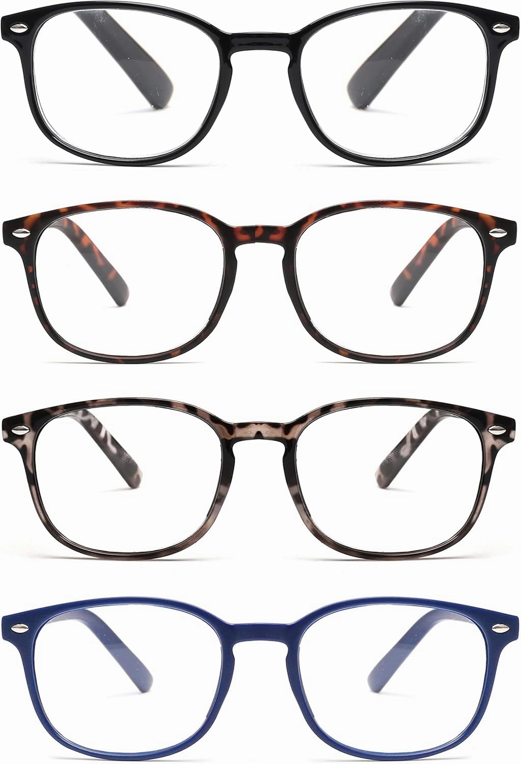 JM 4 Pack Square Reading Glasses, Spring Hinge Readers for Men Women, Mxied Color  1.0