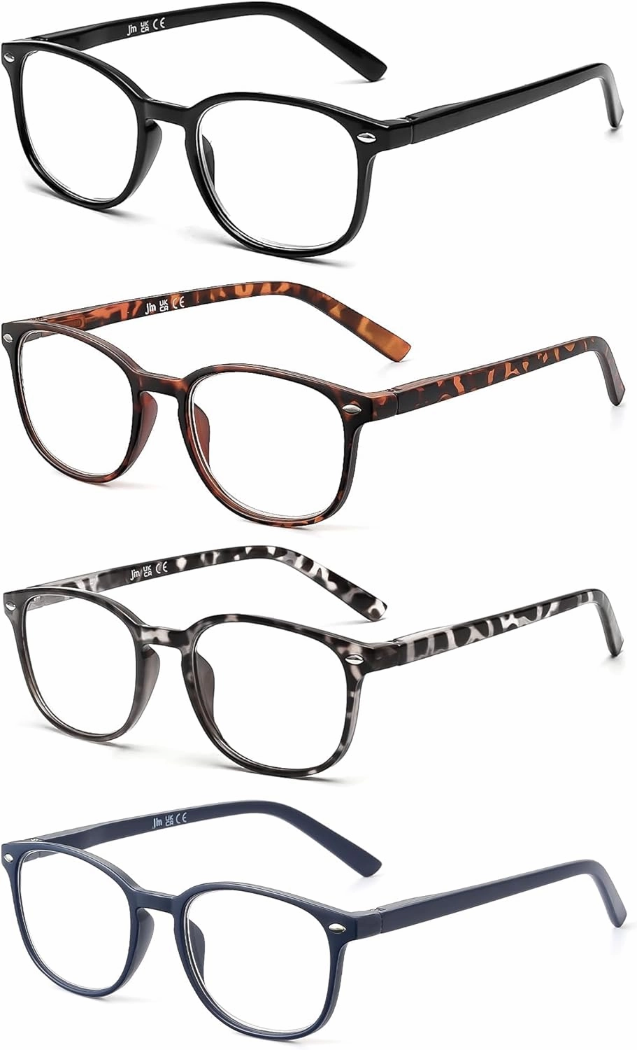 JM 4 Pack Square Reading Glasses, Spring Hinge Readers for Men Women, Mxied Color  1.0