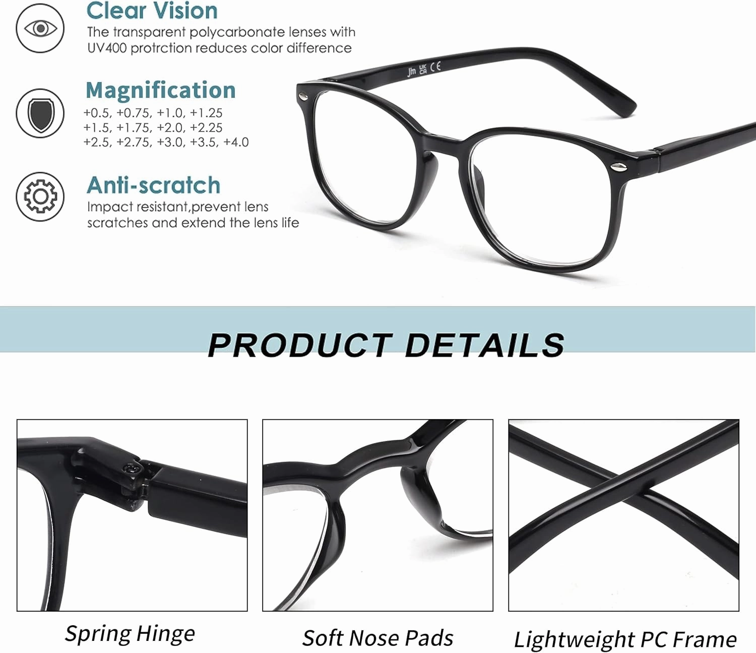 JM 4 Pack Square Reading Glasses, Spring Hinge Readers for Men Women, Mxied Color  1.0