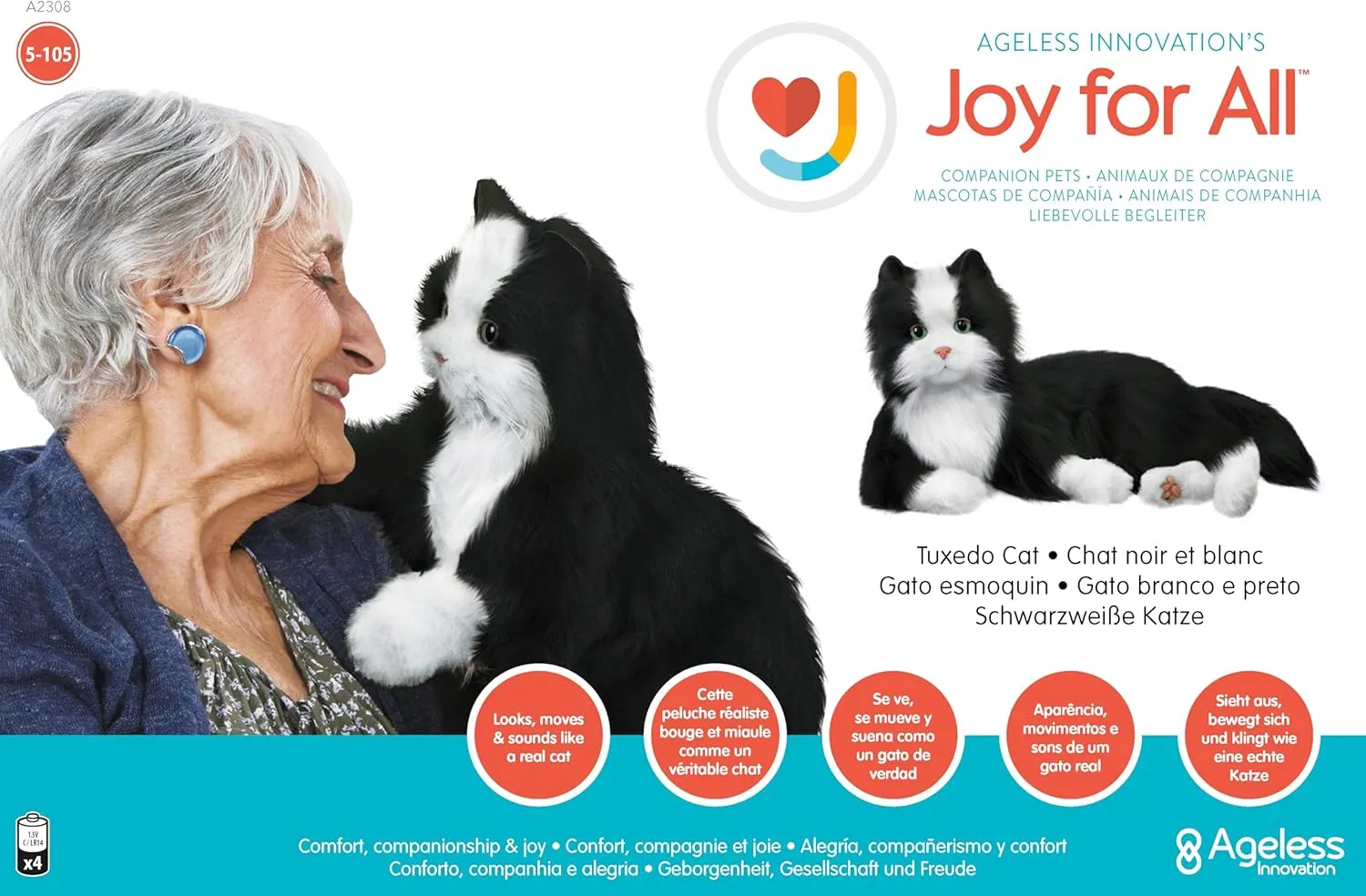 JOY FOR ALL Companion Pet for Seniors - Lifelike Animatronic Cat - Realistic Soft-Touch Fur & Purring - Therapy Stuffed Animal - Toy for Alzheimer's & Dementia - Tuxedo