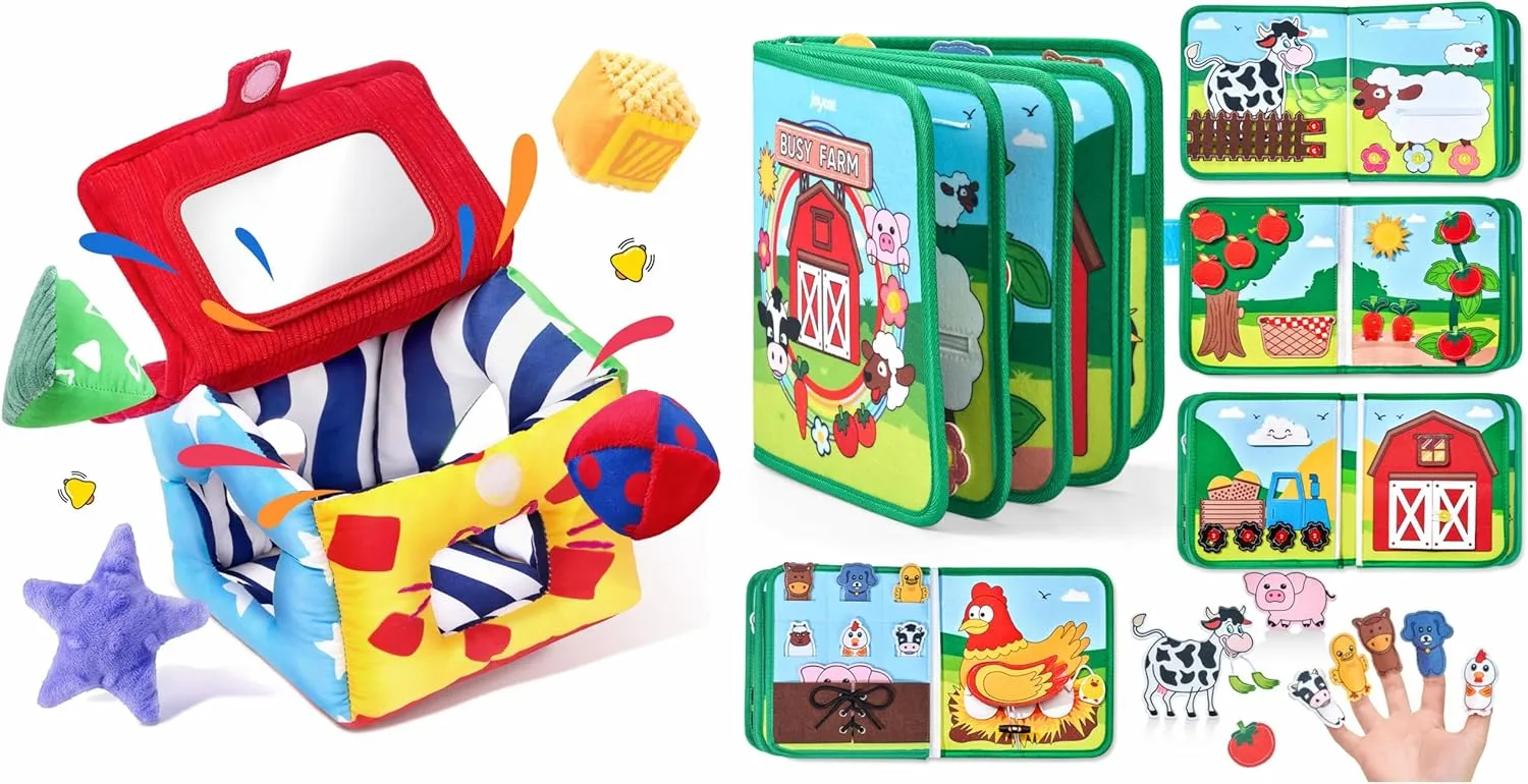 JoyCat Farm Busy Book Baby Toys 6-12 Months, Soft Shape Sorter Toy with 4 Fabric Shapes, Infant Sensory Toy for 0-6 3-6 12-18 Months, Baby Shower Birthday Gift Boy Girl