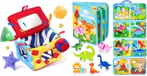 JoyCat Toddler Dinosaur Busy Book Baby Toys 6-12 Months, Soft Shape Sorter Toy with 4 Fabric Shapes, Infant Sensory Toy for 0-6 3-6 12-18 Months, Baby Shower Birthday Gift Boy Girl