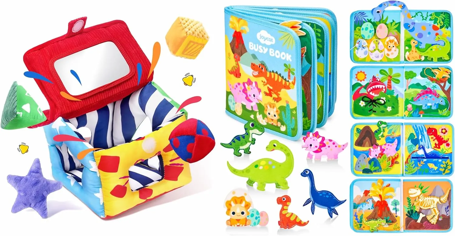 JoyCat Toddler Dinosaur Busy Book Baby Toys 6-12 Months, Soft Shape Sorter Toy with 4 Fabric Shapes, Infant Sensory Toy for 0-6 3-6 12-18 Months, Baby Shower Birthday Gift Boy Girl