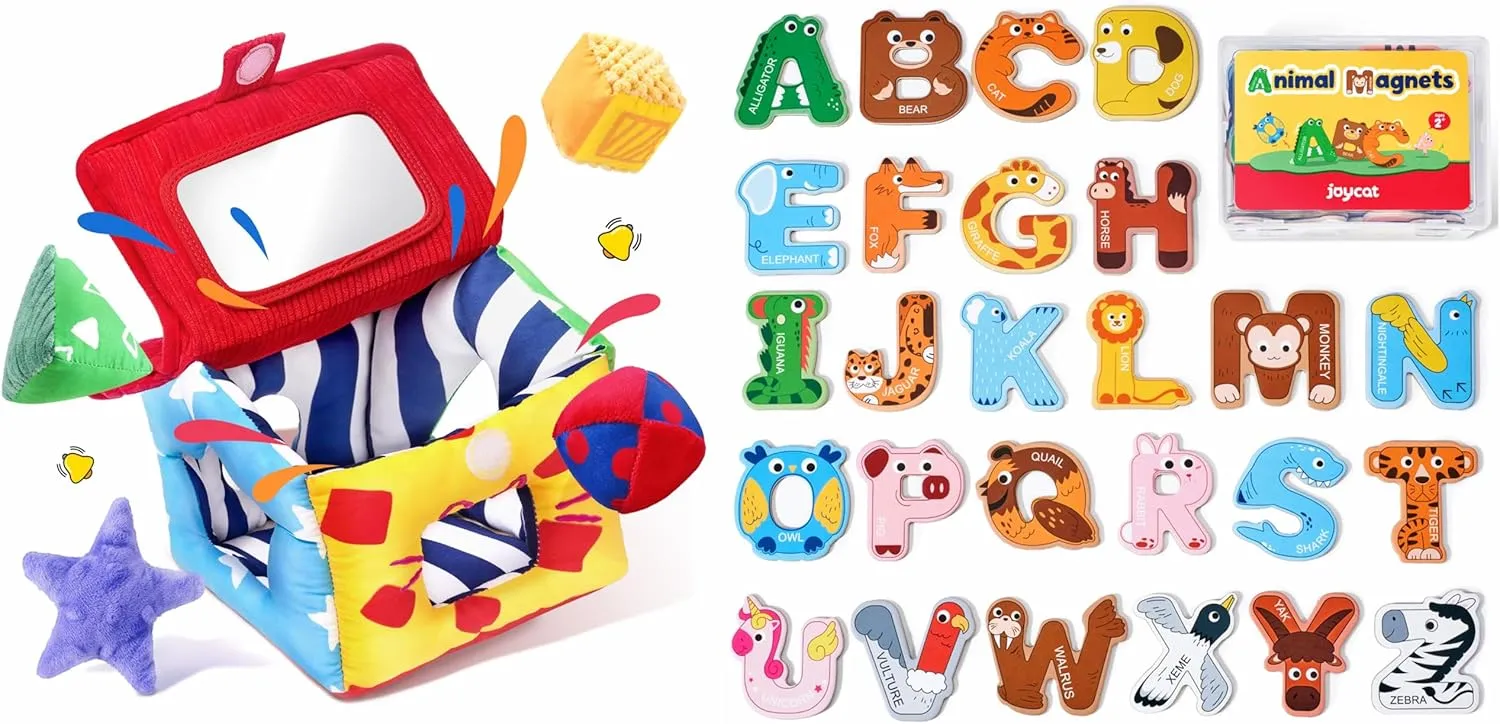 JoyCat Wooden Thick Alphabet Magnets Baby Toys 6-12 Months, Soft Shape Sorter Toy with 4 Fabric Shapes, Infant Sensory Toy for 0-6 3-6 12-18 Months, Baby Shower Birthday Gift Boy Girl