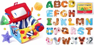 JoyCat Wooden Thick Alphabet Magnets Baby Toys 6-12 Months, Soft Shape Sorter Toy with 4 Fabric Shapes, Infant Sensory Toy for 0-6 3-6 12-18 Months, Baby Shower Birthday Gift Boy Girl