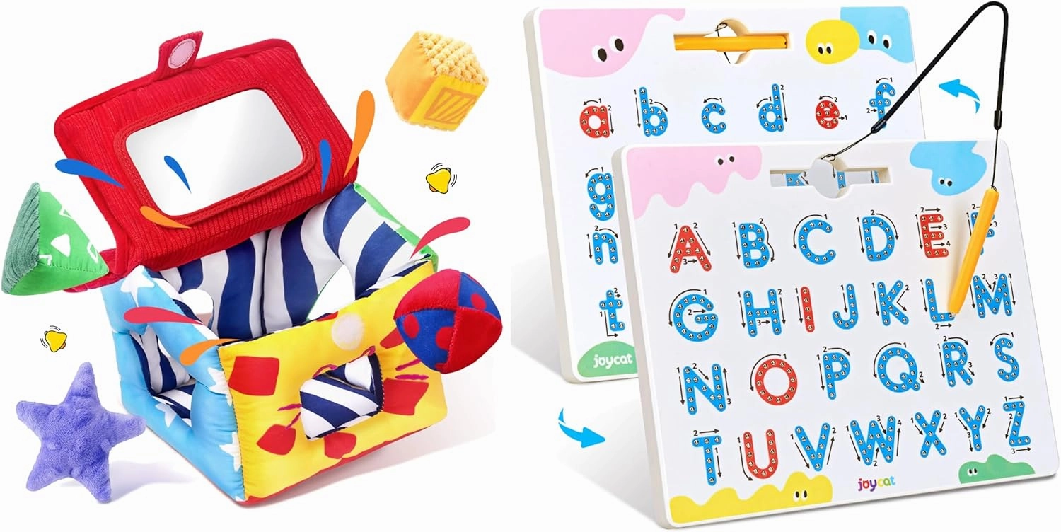 JoyCat Magnetic Letter Tracing Board Baby Toys 6-12 Months, Soft Shape Sorter Toy with 4 Fabric Shapes, Infant Sensory Toy for 0-6 3-6 12-18 Months, Baby Shower Birthday Gift Boy Girl
