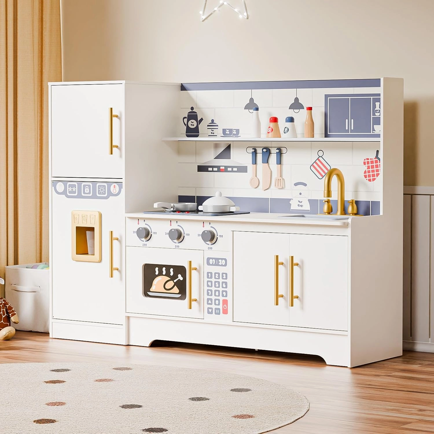 JOYMOR Kids Wooden Play Kitchen Sets, New Modern Children's Wooden Toy Kitchen w/Refrigerators & Ample Play Kitchen Accessories, Ideal Pretend Playset Gift for Toddlers