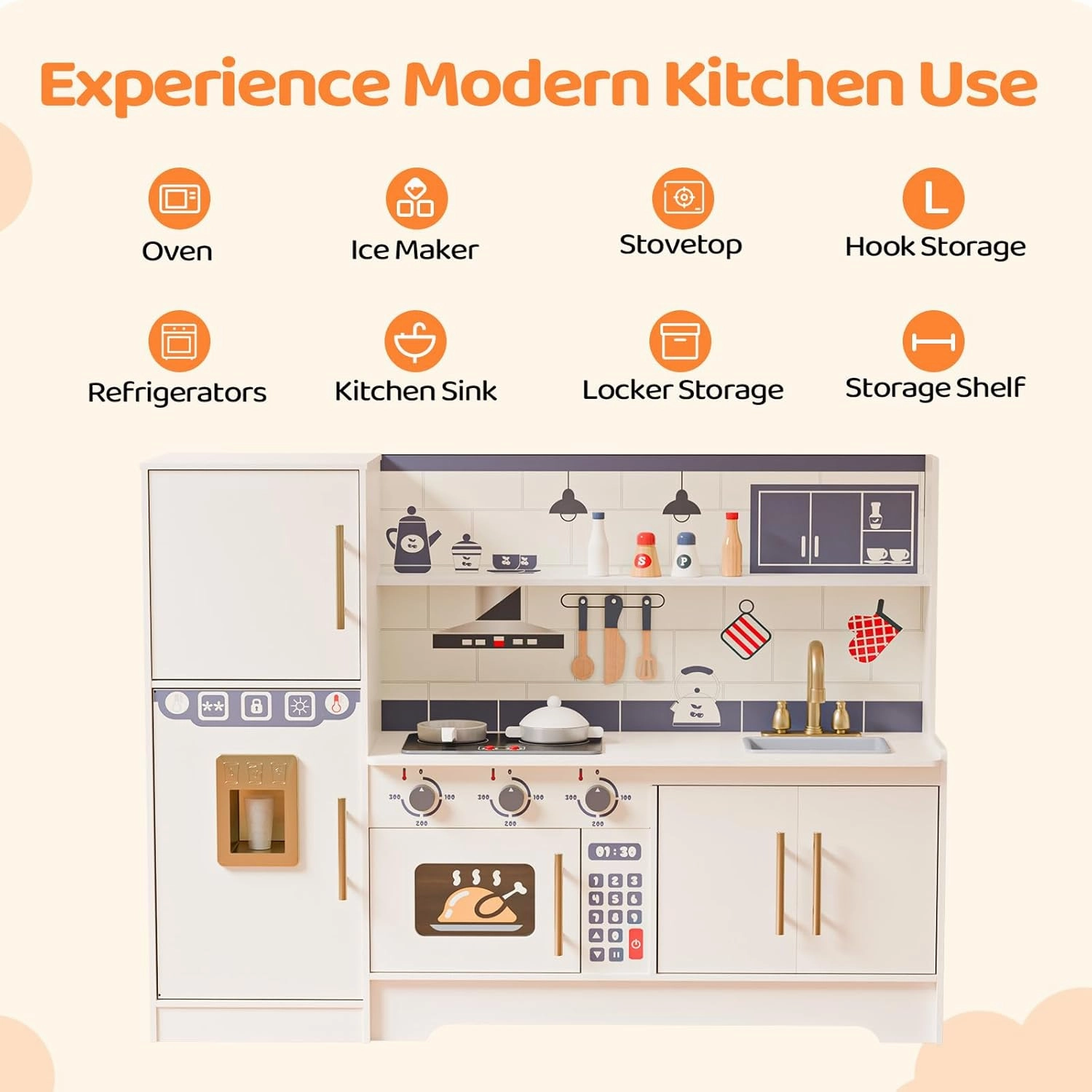 JOYMOR Kids Wooden Play Kitchen Sets, New Modern Children's Wooden Toy Kitchen w/Refrigerators & Ample Play Kitchen Accessories, Ideal Pretend Playset Gift for Toddlers