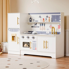 JOYMOR Kids Wooden Play Kitchen Sets, New Modern Children's Wooden Toy Kitchen w/Refrigerators & Ample Play Kitchen Accessories, Ideal Pretend Playset Gift for Toddlers