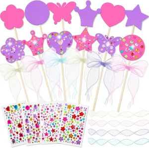 Juexica 12 Pcs Princess Fairy Wands Kit Include 6 Styles Unfinished Wooden Princess Accessories, Gem Stickers, Ribbons Make Your Own Fairy Wands for Kids Birthday Party Supplies, Ideal Gifts