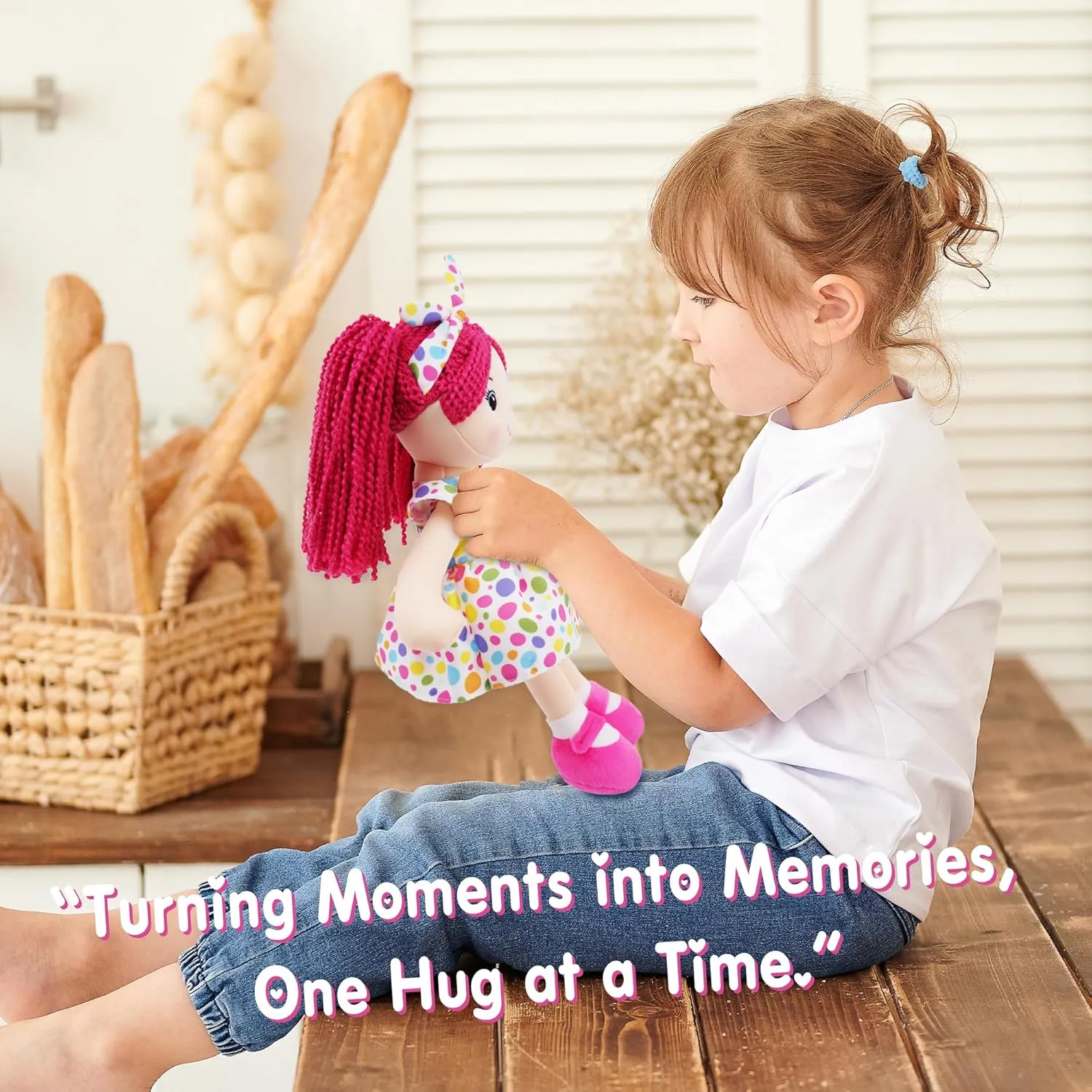 June Garden 14" Snuggle Cuties Sophie - Soft Cuddly Plush Doll Gift for Girls - Huggable Rag Doll - Pink M