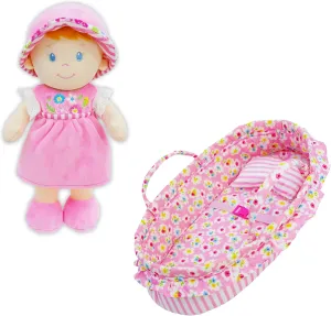 June Garden 2 Pcs Soft Dolly Playset Bundle - Includes 12" Soft Dolly Emilia and Cozy Dream Pink Doll Bassinet