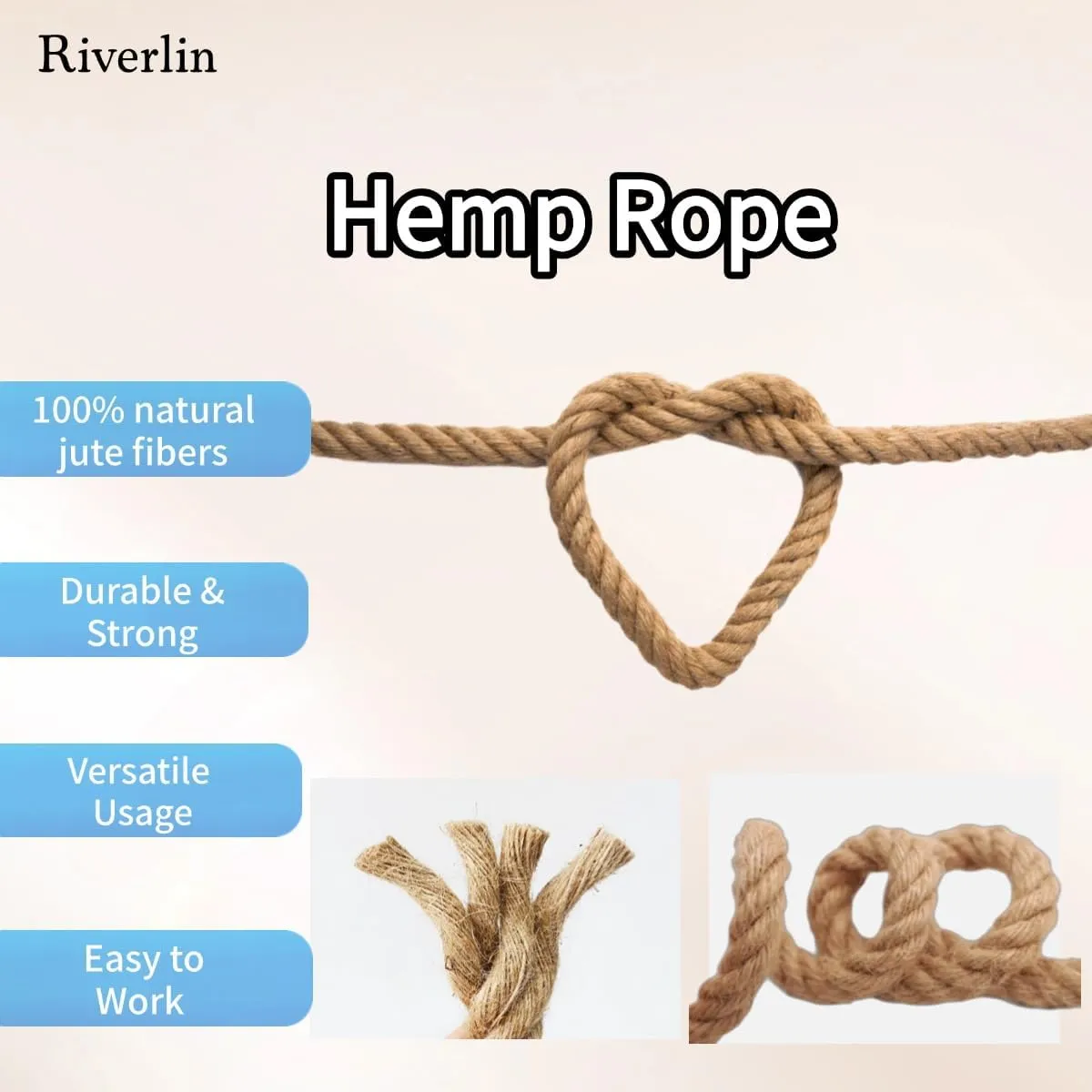 Jute Rope (1/2inchX 100ft) Twisted Hemp Rope for Crafts， Landscaping, Home Décor, and Gardening, Strong and Durable,Suitable for Indoor and Outdoor use