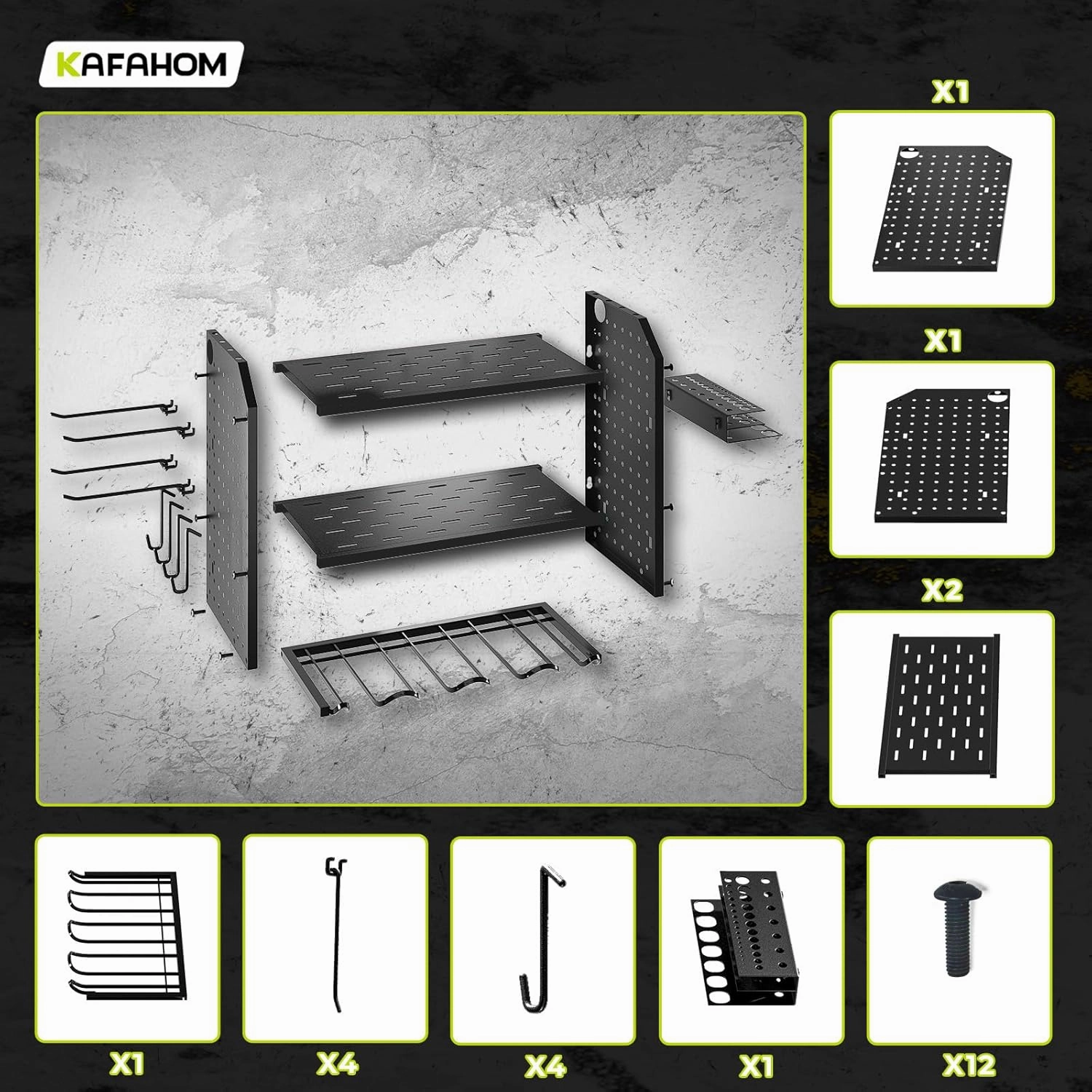 KAFAHOM Power Tool Organizer, Drill Holder Wall Mount With 2 Side Pegboards, Metal Tool Shelf with 12 Hooks, Tool Organizers Storage Rack, Cordless Drill Shelves Black