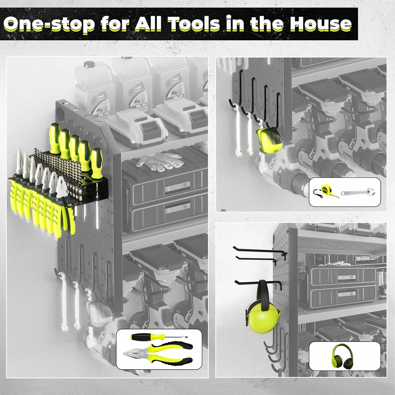 KAFAHOM Power Tool Organizer, Drill Holder Wall Mount With 2 Side Pegboards, Metal Tool Shelf with 12 Hooks, Tool Organizers Storage Rack, Cordless Drill Shelves Black