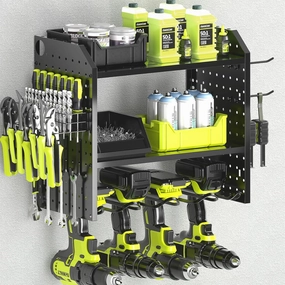 KAFAHOM Power Tool Organizer, Drill Holder Wall Mount With 2 Side Pegboards, Metal Tool Shelf with 12 Hooks, Tool Organizers Storage Rack, Cordless Drill Shelves Black