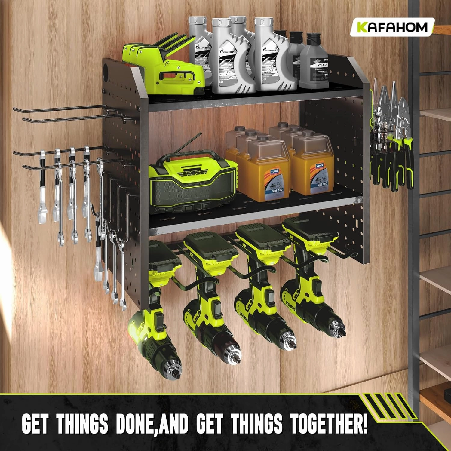 KAFAHOM Power Tool Organizer, Drill Holder Wall Mount With 2 Side Pegboards, Metal Tool Shelf with 12 Hooks, Tool Organizers Storage Rack, Cordless Drill Shelves Black