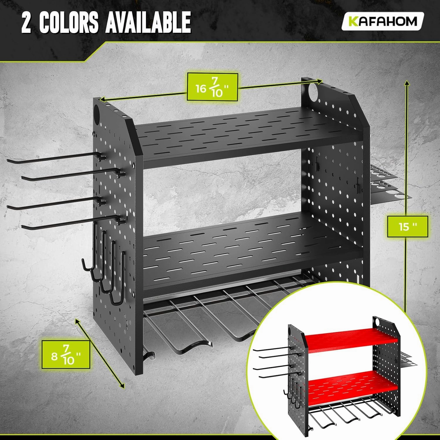 KAFAHOM Power Tool Organizer, Drill Holder Wall Mount With 2 Side Pegboards, Metal Tool Shelf with 12 Hooks, Tool Organizers Storage Rack, Cordless Drill Shelves Black