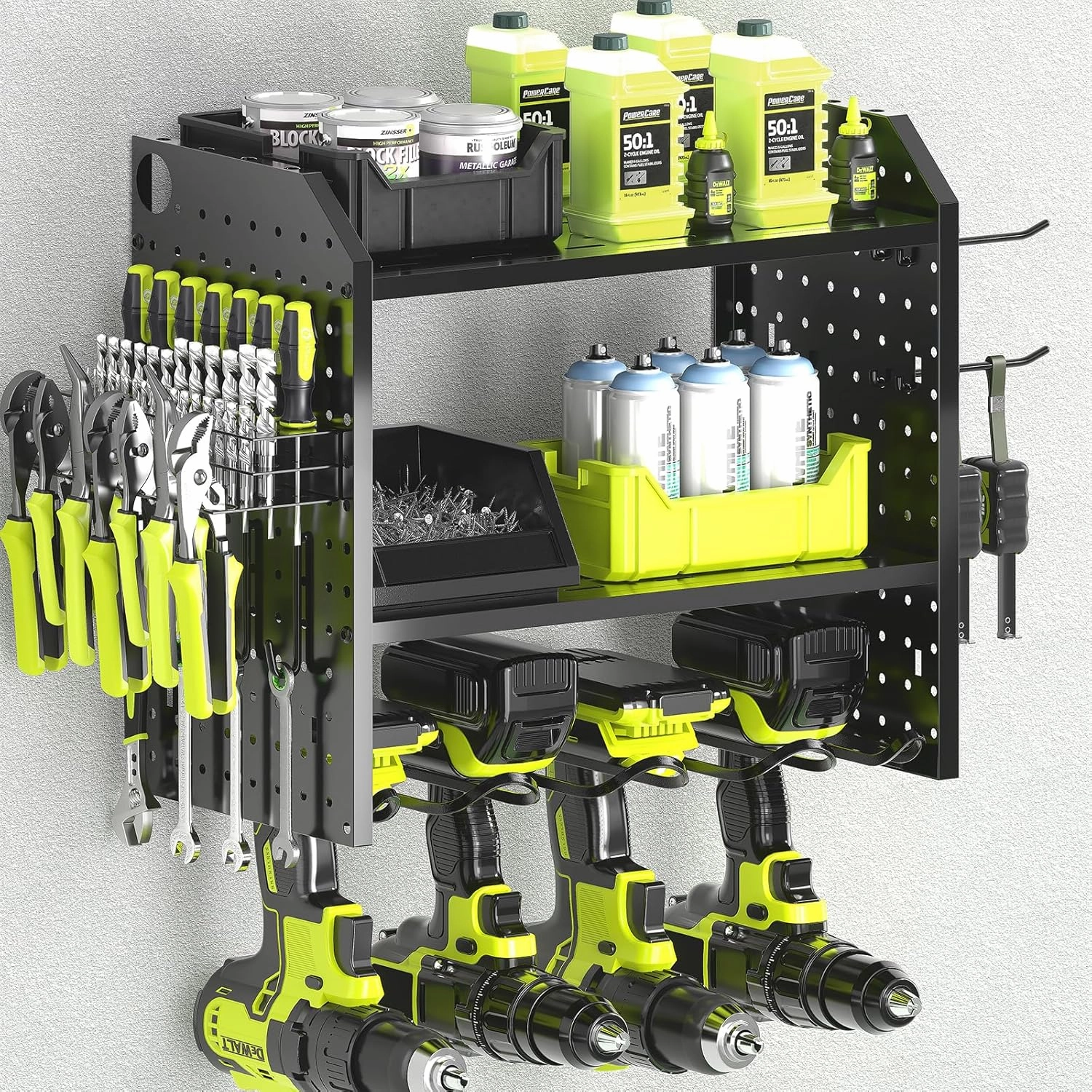 KAFAHOM Power Tool Organizer, Drill Holder Wall Mount With 2 Side Pegboards, Metal Tool Shelf with 12 Hooks, Tool Organizers Storage Rack, Cordless Drill Shelves Black