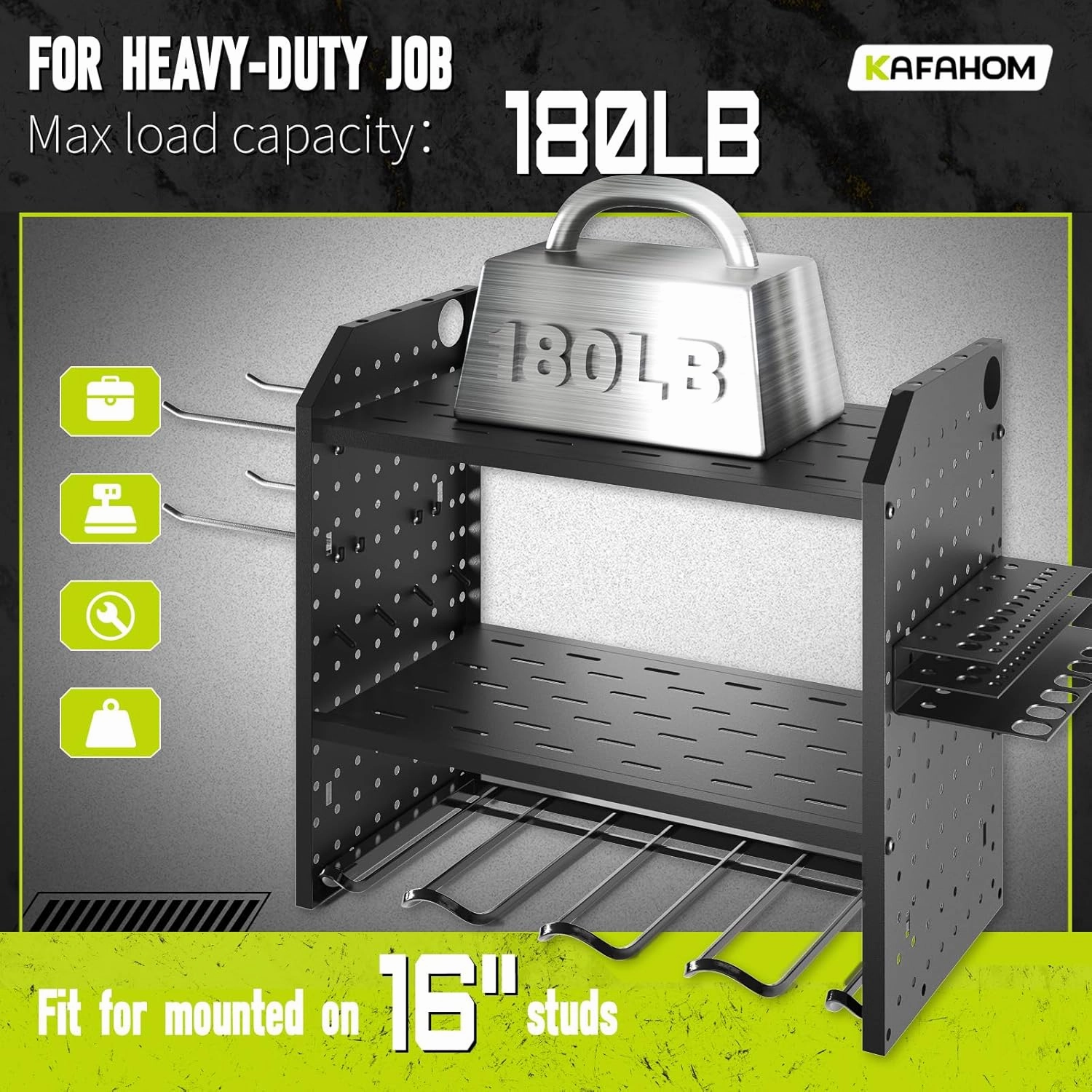 KAFAHOM Power Tool Organizer, Drill Holder Wall Mount With 2 Side Pegboards, Metal Tool Shelf with 12 Hooks, Tool Organizers Storage Rack, Cordless Drill Shelves Black