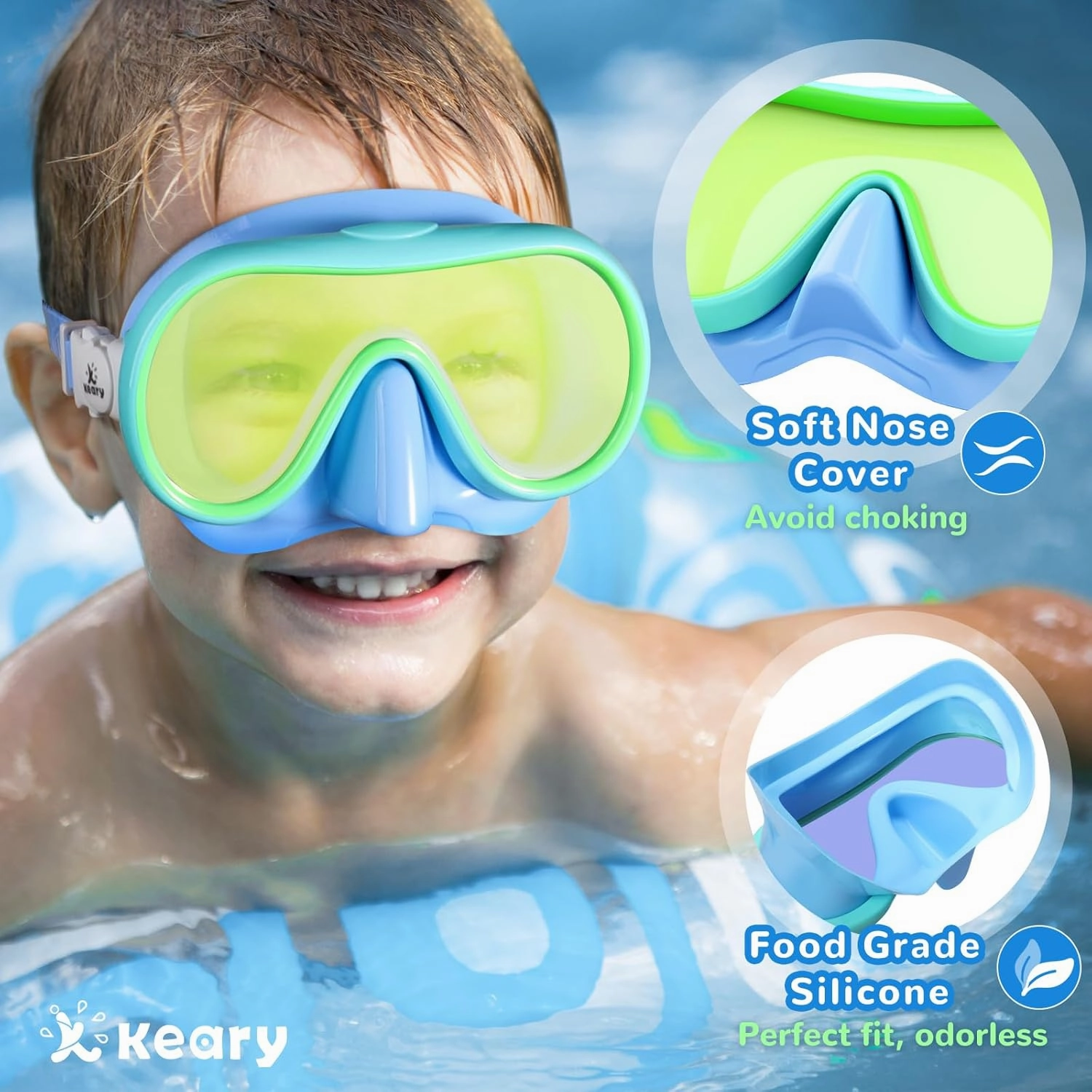 Keary Kids Swim Goggles with Nose Cover for 5-16 Swimming Mask for Toddler Boys Girls Youth Anti Fog