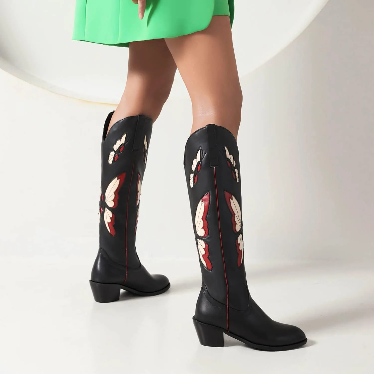 keleimusi Butterfly Knee High Boots for Women Cowgirl Autumn Western Almond Toe Shoes