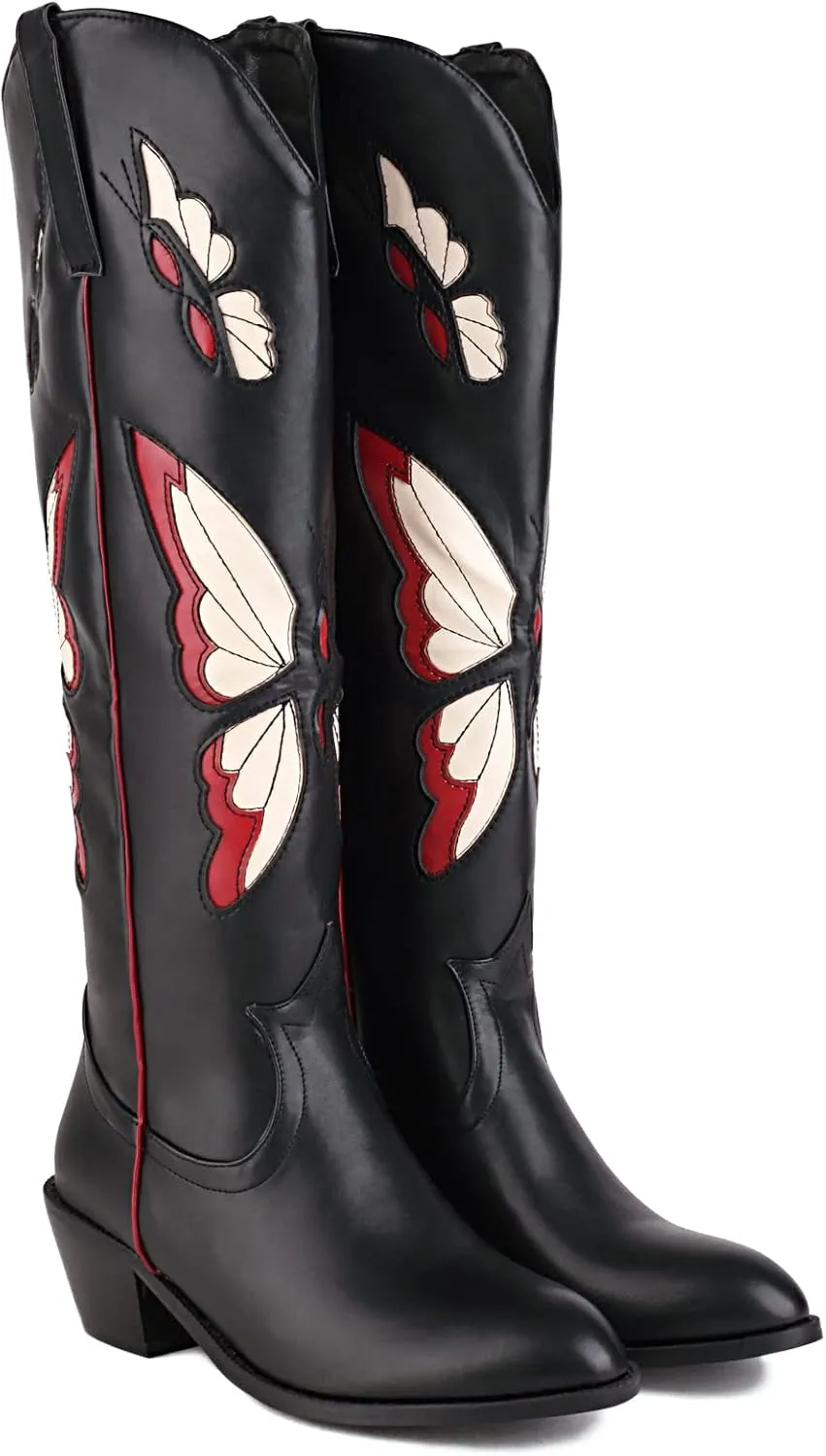 keleimusi Butterfly Knee High Boots for Women Cowgirl Autumn Western Almond Toe Shoes