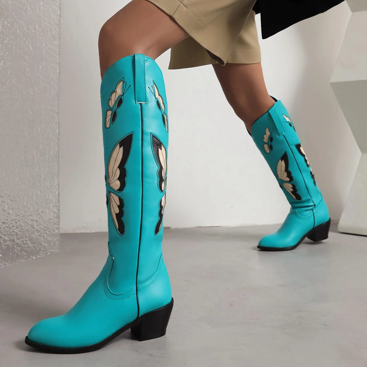 keleimusi Butterfly Knee High Boots for Women Cowgirl Autumn Western Almond Toe Shoes