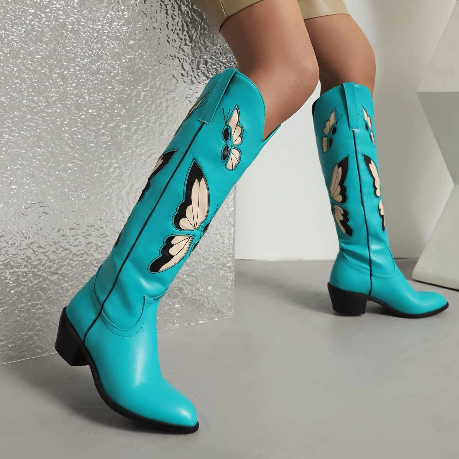 keleimusi Butterfly Knee High Boots for Women Cowgirl Autumn Western Almond Toe Shoes