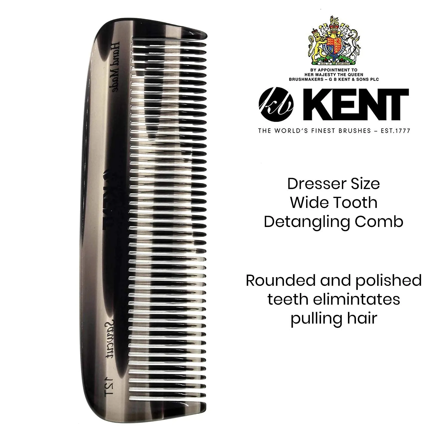 Kent 12T Wide Tooth Detangling Comb - Handmade Pocket Grooming Tool for Thick, Curly, Wavy Hair, Beards and Mustaches - SawCut and Hand Polished