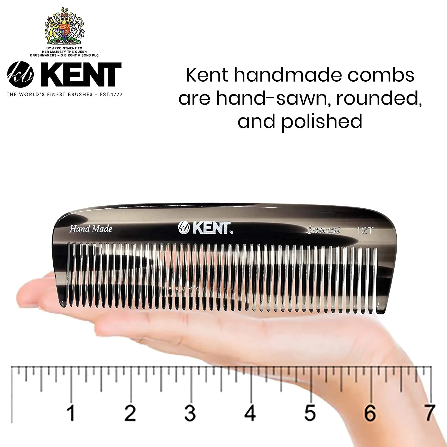 Kent 12T Wide Tooth Detangling Comb - Handmade Pocket Grooming Tool for Thick, Curly, Wavy Hair, Beards and Mustaches - SawCut and Hand Polished