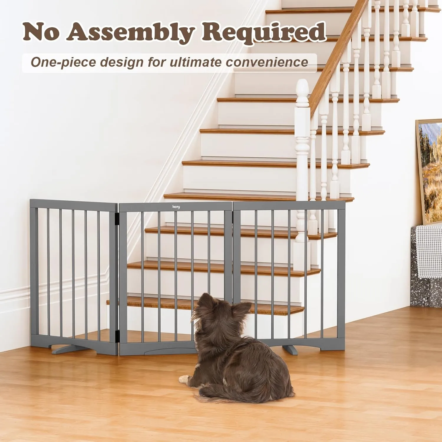 keny Dog Gate Indoor, 3 Panel Freestanding Dog Gates with Support Feet for Stairs, Pet Gates for Doorways Hallways, Foldable Pet Barrier for Puppy Sturdy, 53" L x 24" H, Grey